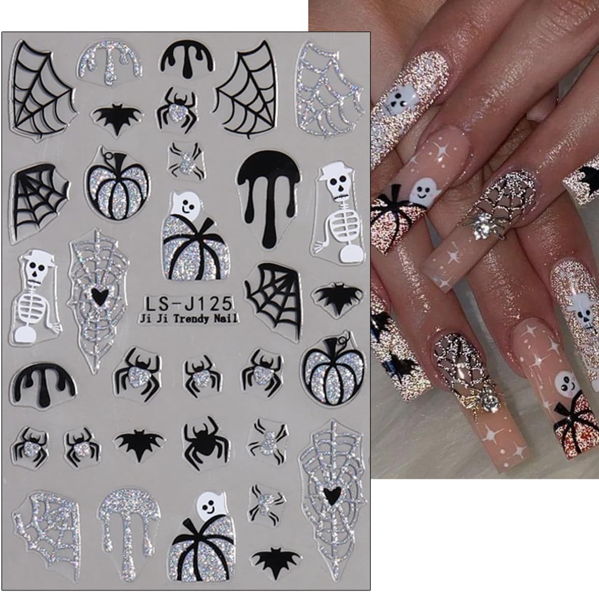 8 Sheets Horror Goth Nail Art Stickers Halloween Nail Stickers for Nail Art Glitter Bat Spider Web Pumpkin Design Luminous Ghost Nail Decals Self-Adhesive Nail Supplies for Women Manicure Decor-Velvo Beauty