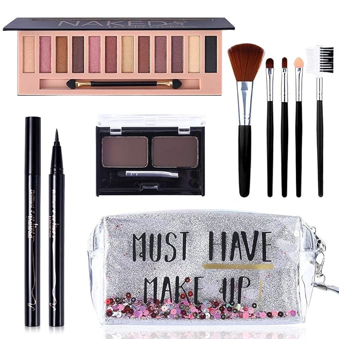 All in One Makeup Kit,12 Colors Nude Shimmer Eyeshadow Palette, Waterproof Black Eyeliner Pencil, Duo Pressed Eyebrow Powder Kit, 5 Brushes With Quicksand Cosmetic Bag Gift Set-Velvo Beauty