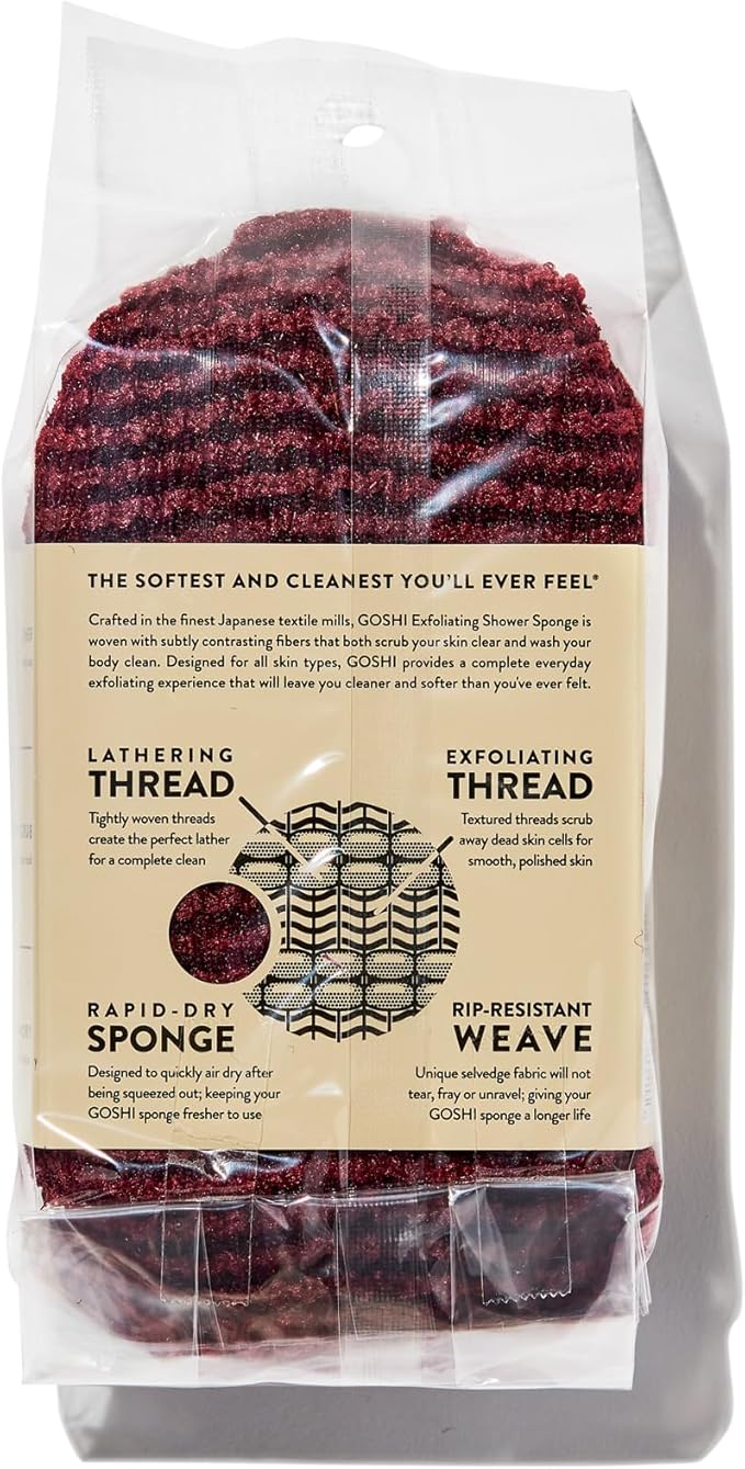 GOSHI Exfoliating Shower Sponge - Rip-Resistant, Rapid-Drying Exfoliating Bath Sponge for All Skin Types - Brick Red - Made in Japan-Velvo Beauty