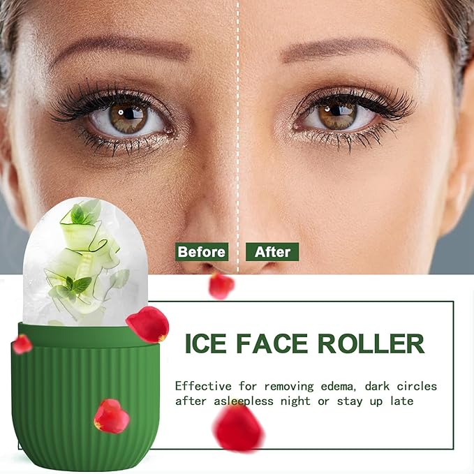 XHJRI Ice Roller Massager for Face, Eyes and Neck - Naturally Condition Skin, De-Puff Eye Bags, Reduce Migraine Pain - Reusable Silicone Ice Mold (Green)-Velvo Beauty