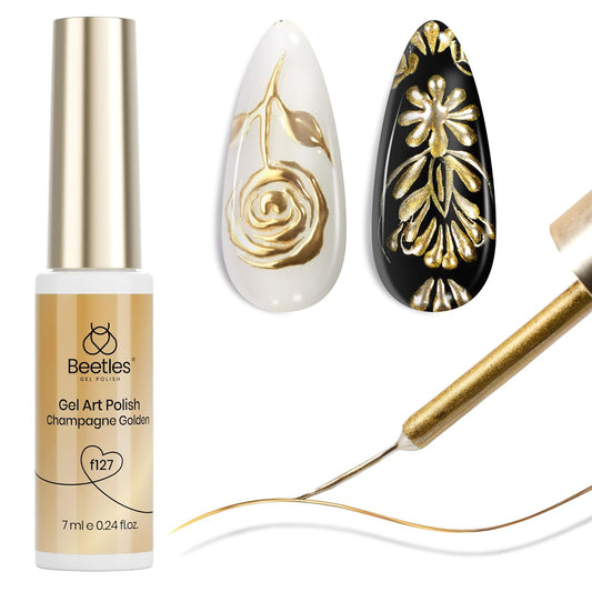 Beetles Metallic Gold Gel Liner 7ml French Tip Gel Polish 3D Mirror Chrome Effect Metal Painted Nail Polish Build in Thin Brush French Swirl Line Nail Art Soak off Uv Lamp Manicure Salon-Velvo Beauty