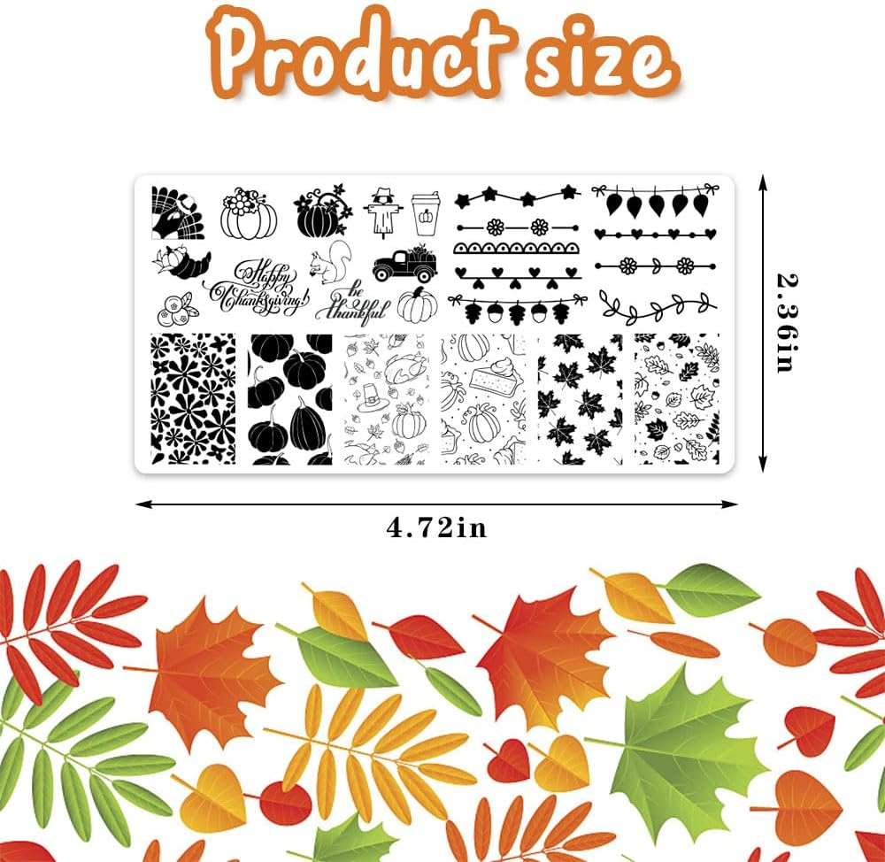 ALIBBON 6 Pcs Fall Nail Stamping Plates Set, Leaves Background Nail Art Stamp Templates, Pumpkin Gnome Stamp Templates Kit, Happy Thanksgiving Day Metal Nail Plates for DIY Printing Decor 4.7×2.4"-Velvo Beauty