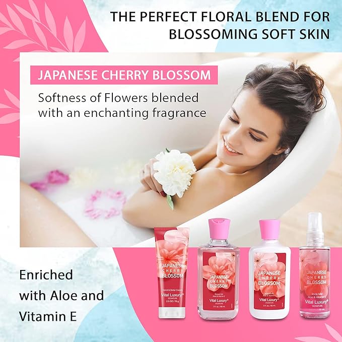 Bath & Body Kit, 3 Fl Oz Travel Size, Ideal Skincare Relaxing Home Spa Set, Includes Body Lotion, Shower Gel, Body Cream, and Fragrance Mist, Bath Gifts for Her and Him (Japanese Cherry-Velvo Beauty