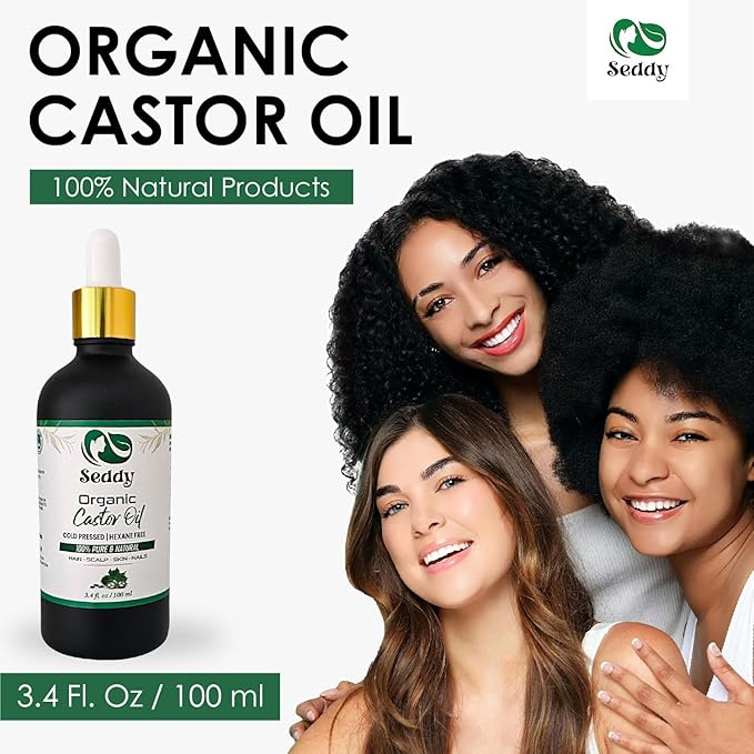 Seddy Organic Castor Oil - Cold Pressed | Hexane-Free | Pure | Hair, Scalp, Eyelashes, Eyebrows, Skin, & Nails | Hair Treatment Oil - 3.4 Fl. Oz-Velvo Beauty