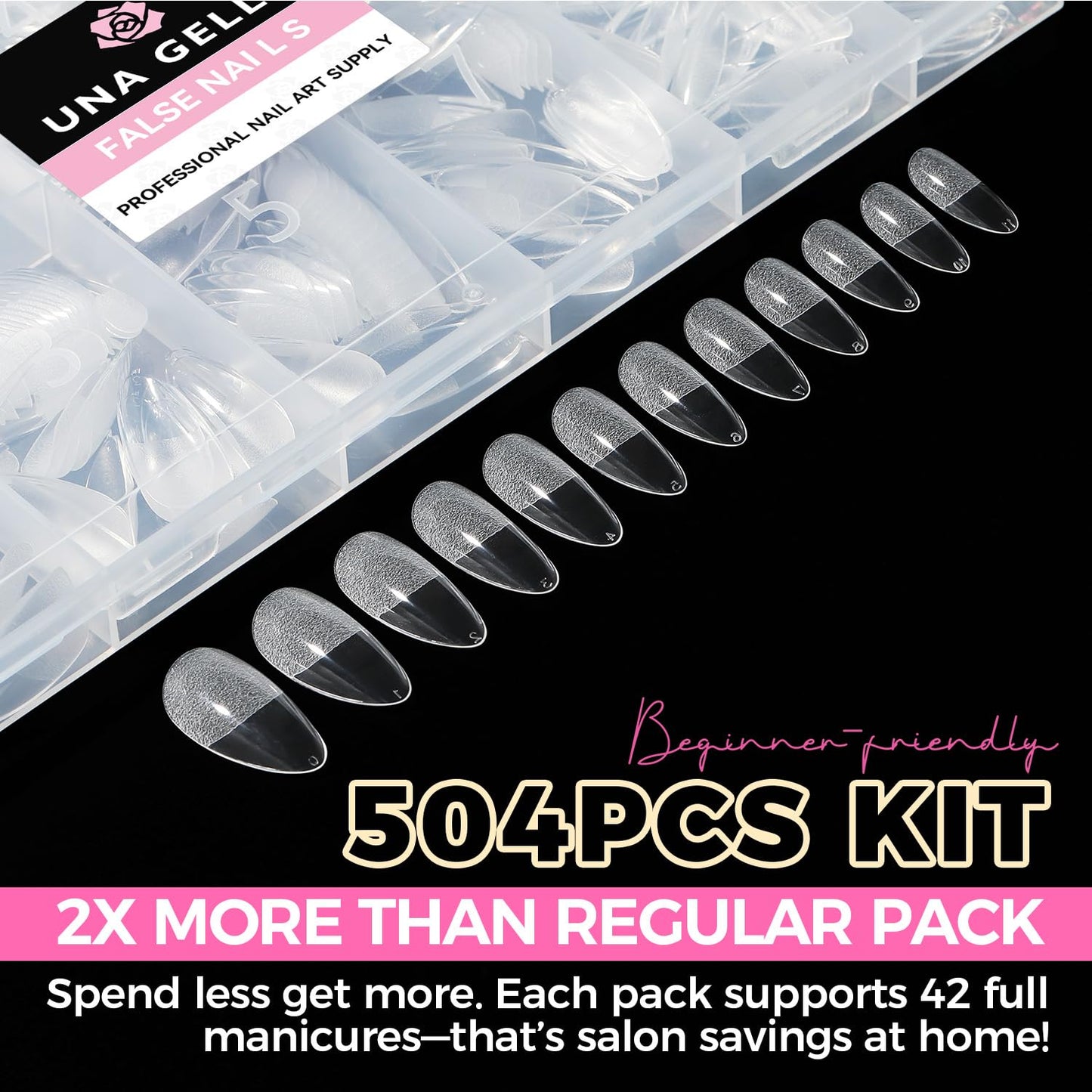 UNA GELLA Almond Gel Nail Tips, 504PCS Pre Etched Clear Fake Nails Tips Medium Almond Shape - 12 Sizes Full Cover Soft Acrylic Press On Nail Extensions No C Curve Gift for Diy at Home-Velvo Beauty