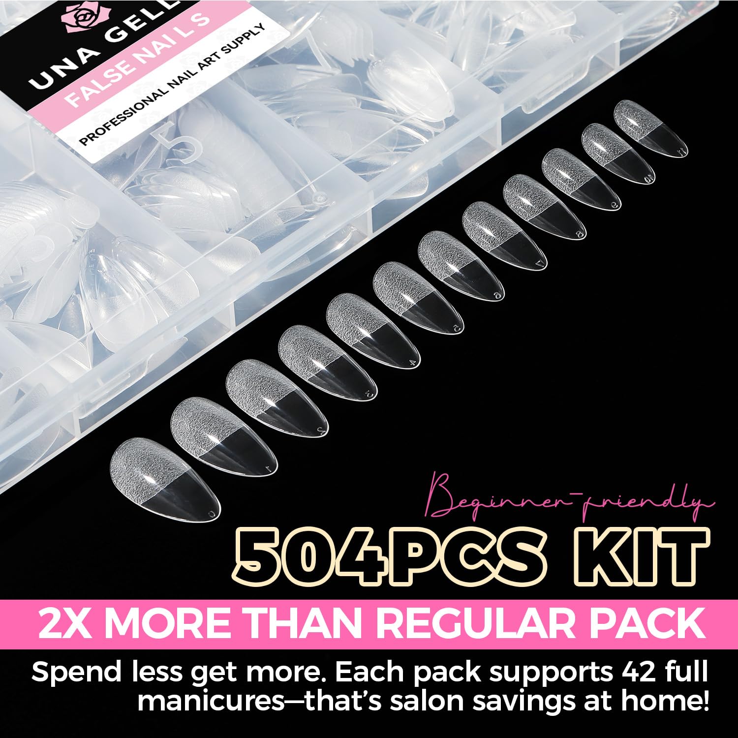 UNA GELLA Almond Gel Nail Tips, 504PCS Pre Etched Clear Fake Nails Tips Medium Almond Shape - 12 Sizes Full Cover Soft Acrylic Press On Nail Extensions No C Curve Gift for Diy at Home-Velvo Beauty