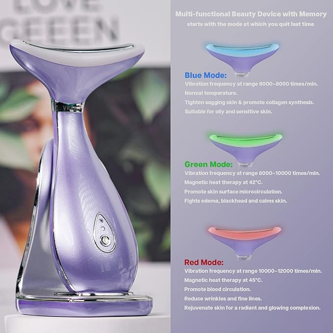 Lily Neck Face Massager, Face Sculpting Tool, Skin Rejuvenation Device with Thermal, Triple Action LED and Vibration, for Anti-Aging, Lifting and Tightening Sagging Skin (Violet)-Velvo Beauty