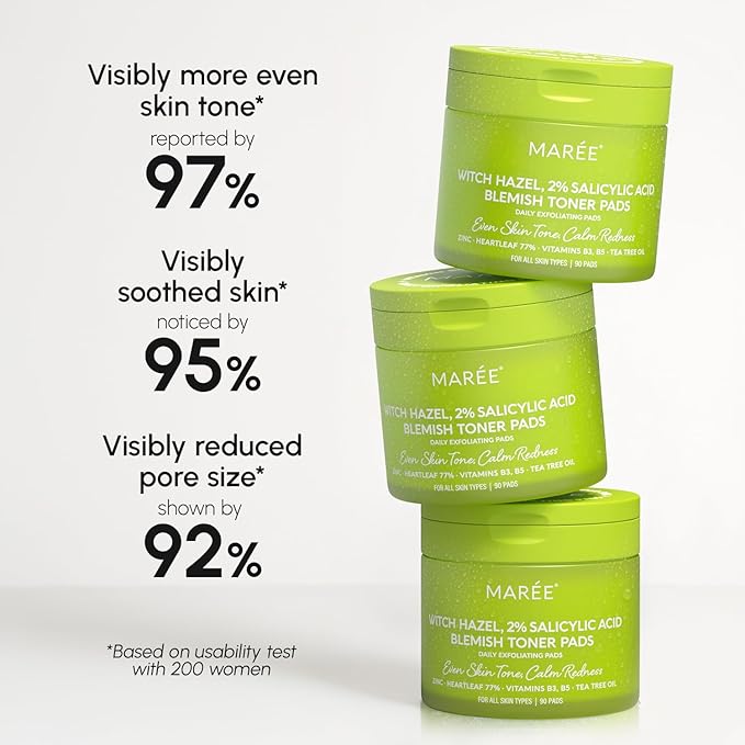 MAREE Blemish Toner Polishes - Daily Facial Radiance Toner Polish - Witch Hazel Pads Acne Face Toning - Acne Skin Care with BHA Salicylic Acid - Blemish Clearing Witch Hazel Wipes-Velvo Beauty