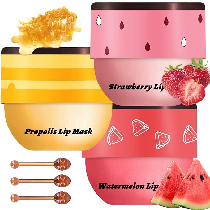 3 Pcs Bee Lip Balm Honey Pot, Honey Strawberry Watermelon Lip Mask Overnight, Moisturizing Sleeping Lip Mask, Hydrate Repair Prevent Dry Cracked Lip Care (Honey+Strawberry+Watermelon)-Velvo Beauty