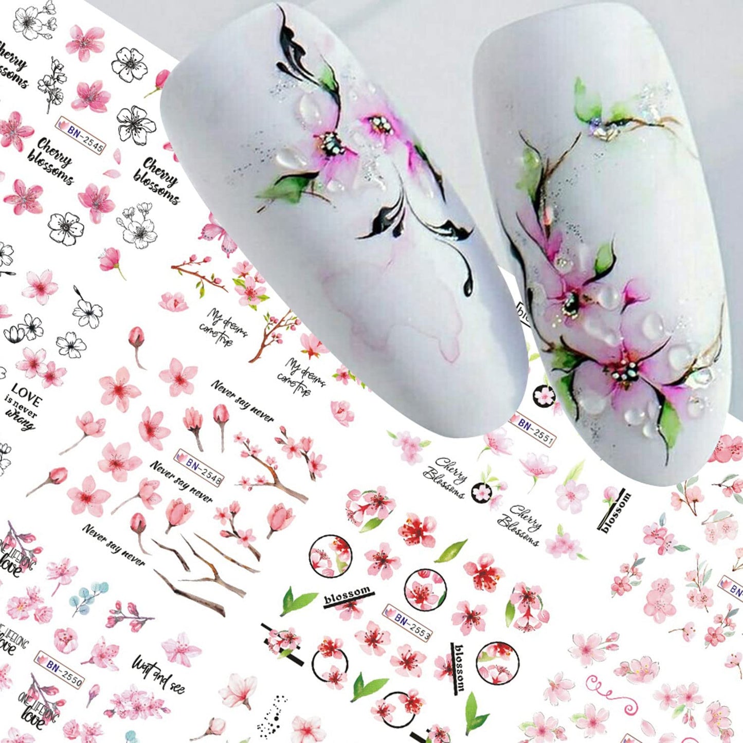 Sakura Water Transfer Nail Stickers - Cherry Blossom & Leaf Designs for Women & Girls - Pink Flower Nail Art Decoration Supplies-Velvo Beauty