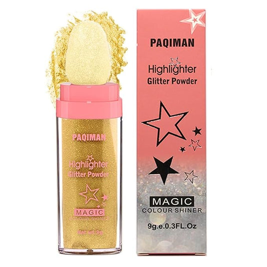 Gold Glitter Powder Highlighter Makeup, Body Brightens the Natural Three-Dimensional Face Blusher Fairy Highlight Patting Powder. (05# Gold)-Velvo Beauty