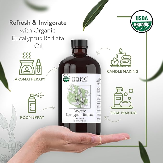 HBNO Organic Eucalyptus Radiata Oil - 16 oz (475ml) Value Size - Ideal for Shampoos, Conditioners, Mouth Washes, Face wash, Lotions, and Skin Care Products-Velvo Beauty