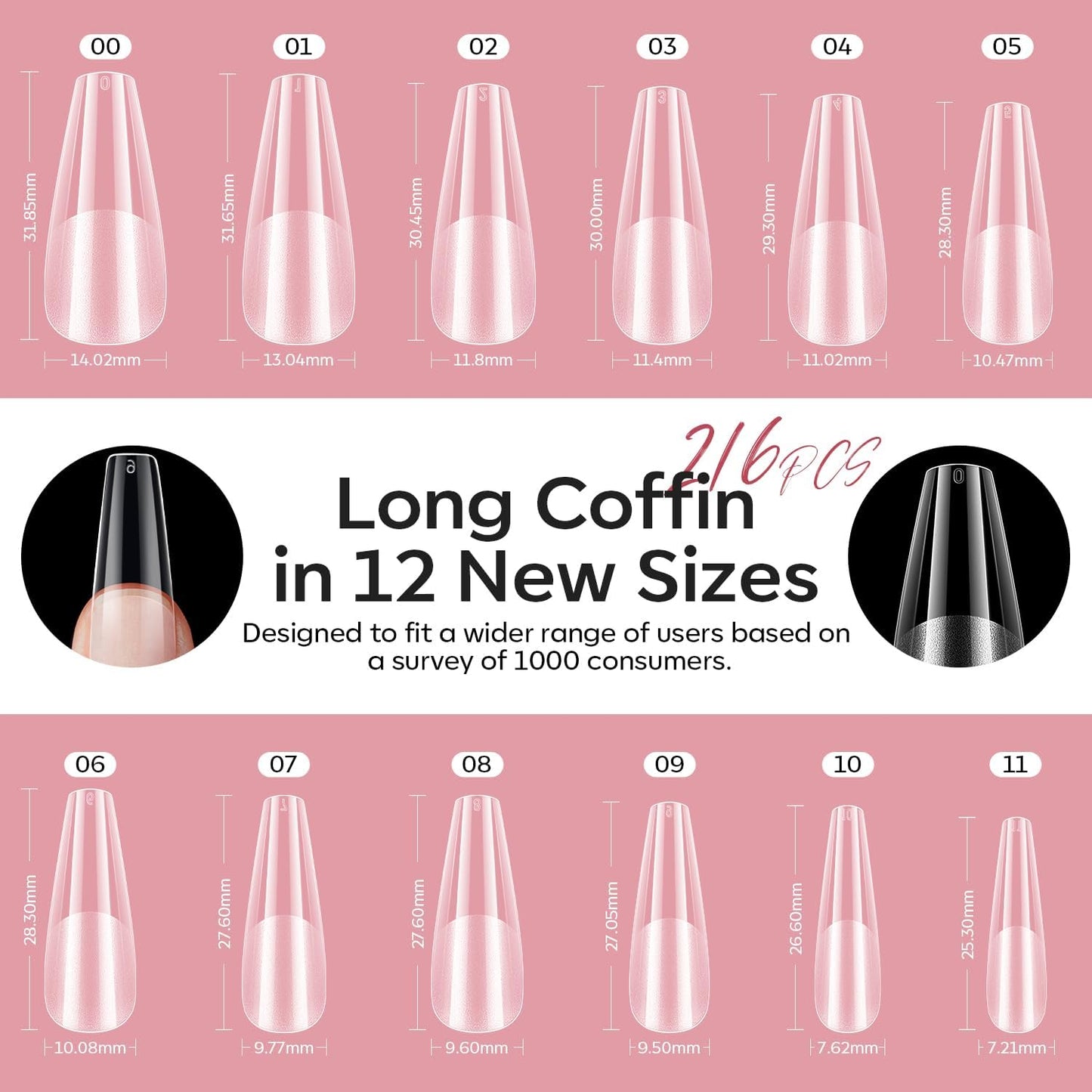modelones Long Coffin Gel Nail Tips Kit, 9-in-One Nail Glue with Portable U V Lamp 216Pcs 12Sizes Pre-Etched Press ons Fake Acrylic Extension Kit DIY Salon Gift for Women-Velvo Beauty