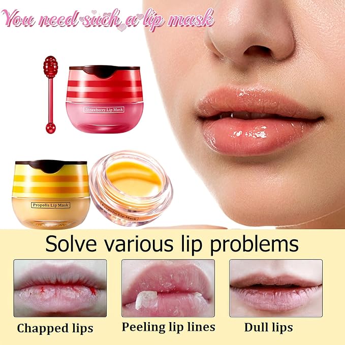 Bee Lip Balm Honey Pot,Honey Lip Mask Propolis Moisturizing Lip Balm with Stick,Hydrating and Prevention Dry and Cracked Lip Scrubs Exfoliator (2 PCS, Honey & Strawberry)-Velvo Beauty