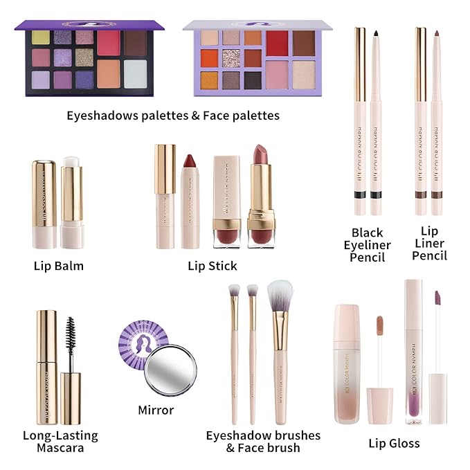 Color Nymph Beginner Makeup Set for Teens, Full Kit Girls Makeup Kits with Exquisite Purple Box Teen Girls Makeup Kit Non-Toxic Includes Eyeshadow Palettes Mascara Lipstick Makeup Set Brushes Kit etc-Velvo Beauty