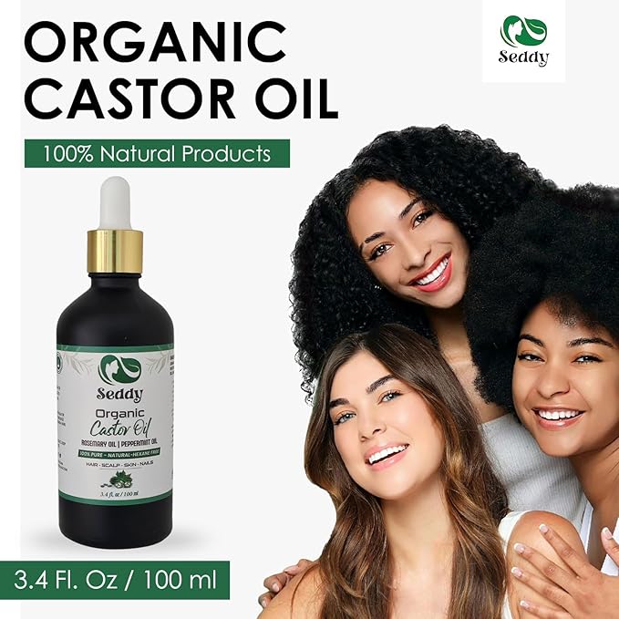 Seddy Organic Castor Oil with Rosemary & Peppermint in Dark Glass Bottle - Cold Pressed | Hexane-Free | Scalp, Hair, Eyelashes, Eyebrows, Skin, & Nails | Hair Treatment Oil - 3.4 Fl. Oz-Velvo Beauty