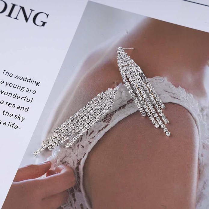 Vintage Rhinestone Chandelier Tassel Earrings Crystal Chain Drop Earrings Gold Long Tennis Chain Earrings Shine Chandelier Bridal Earrings Jewelry for Women-Velvo Beauty