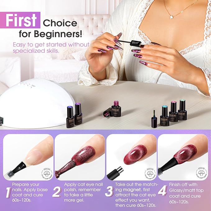 ROSALIND Cateye Gel Polish, 8 Colors Holographic Magnetic Cat Eye Gel Nail Polish Set with Magnet, Red Blue Purple Black Gel Polish Galaxy Collection Nail Art Gift DIY at Home-Velvo Beauty