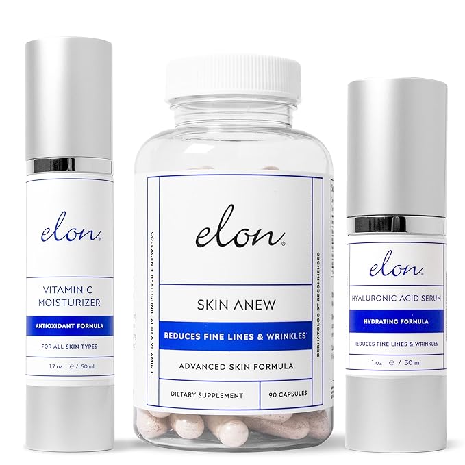 Elon Face Skin Care Set – Skin Care Kit w/ Antioxidant C Moisturizer for Face, Skin Anew Hydrolyzed Collagen Capsules, & Hyaluronic Acid Serum for Face – Skin Care Products for All Skin Types-Velvo Beauty