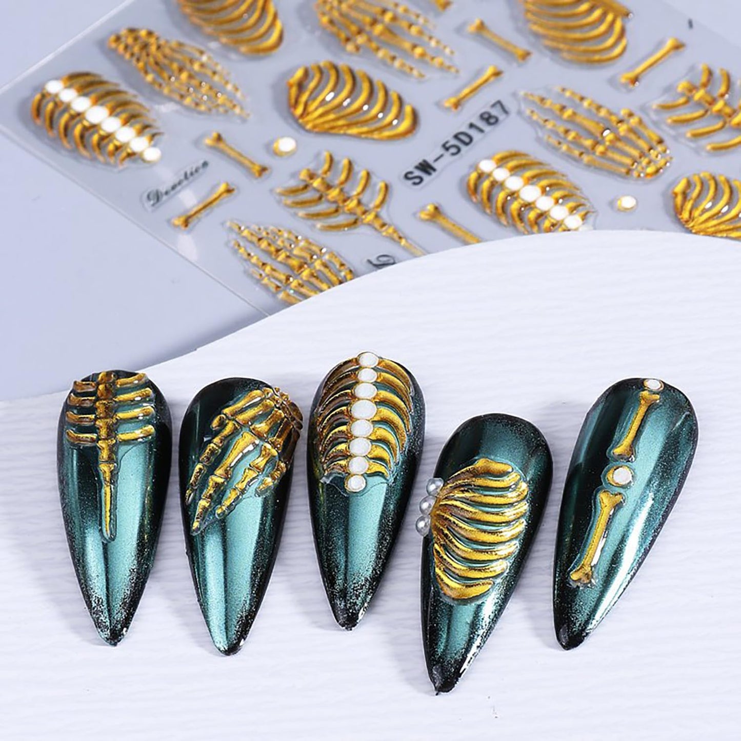 Halloween Nail Art Stickers 5D Relief Skeleton Hand Rose Flowers Nail Decals Self -Adhesive Gold Rose Gold White Nail Decals Holographic Halloween Nail Decoration for Women Manicure Supplies-Velvo Beauty