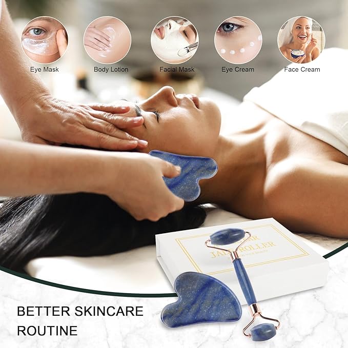 Jade Roller for Face, Facial Roller Massager Skin Care Tool, Gua Sha Facial Tools for Face, Neck, Eyes, Reduce Puffiness of The Skin(Blue)-Velvo Beauty