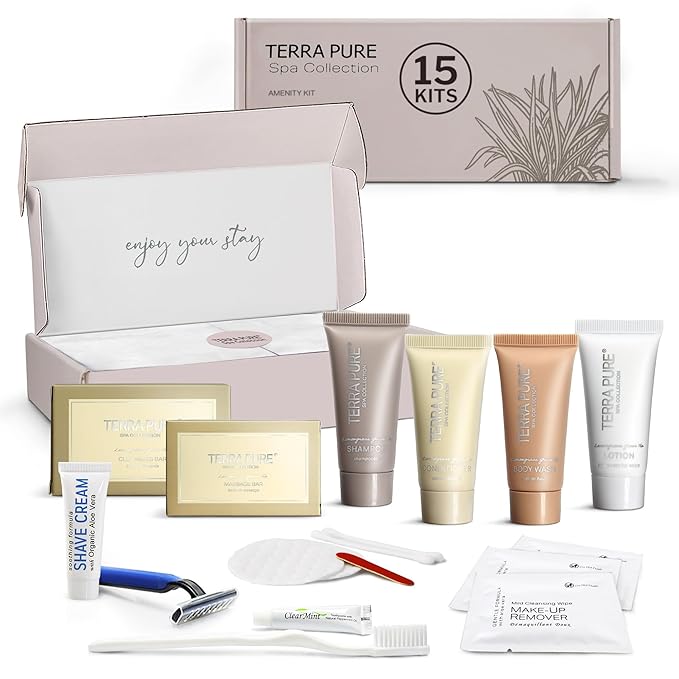 Terra Pure Spa Collection Amenity & Accessory Kit |1 oz Travel Size Shampoo, Conditioner, Lotion, Body Wash, 2 Soap Bars, Shave & Dental Sets, Make-Up Remover Wipes, & Vanity Kit | 15 sets/case-Velvo Beauty