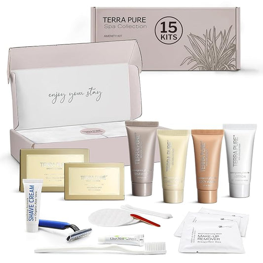 Terra Pure Spa Collection Amenity & Accessory Kit |1 oz Travel Size Shampoo, Conditioner, Lotion, Body Wash, 2 Soap Bars, Shave & Dental Sets, Make-Up Remover Wipes, & Vanity Kit | 15 sets/case-Velvo Beauty