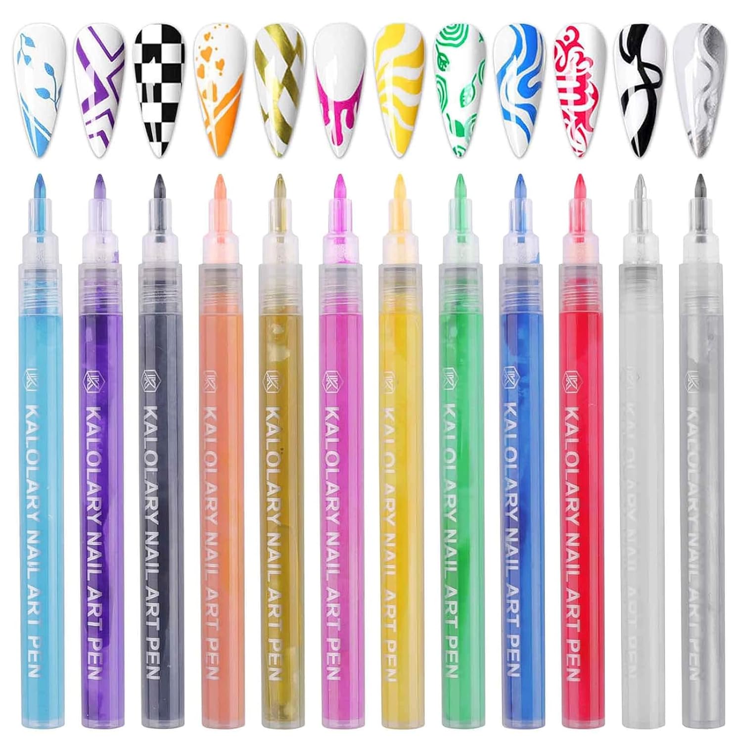 12 Color 3D Nail Art Pens Set, Kalolary Nail Point Graffiti Dotting Pen Drawing Painting Liner Brush for DIY Nail Art Beauty Adorn Manicure Tools-Velvo Beauty