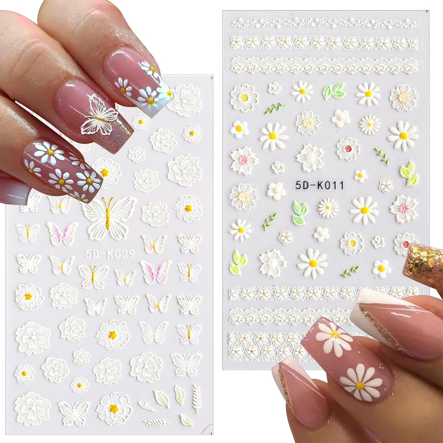 Flower Nail Stickers for Nail Art 6 Sheets 5D Embossed Nails Decals Spring Summer Self-Adhesive Supplies Accessories 3D Flowers Nails Stickers for Women Design Decoration-Velvo Beauty