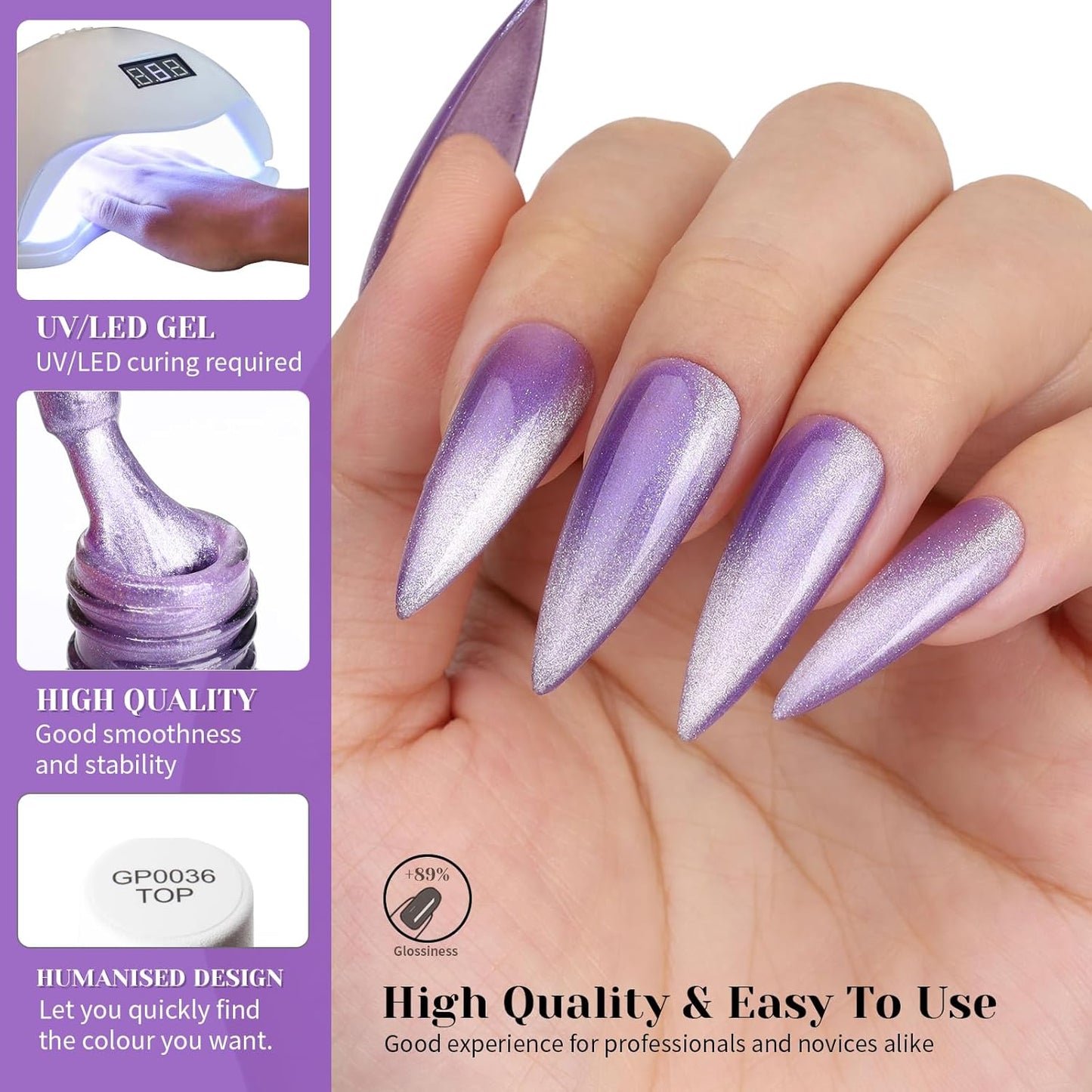Bright Purple Cat Eye Gel Nail Polish,Crystal Galaxy Holographic Lavender Cateye Gel Polish with Magnet, Purple Gel Silver Shimmer Velvet Soak Off Uv Led Home Diy Manicure GP0100-Velvo Beauty