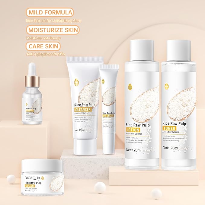 Rice Deep Nourishing Facial Care Set, 6Pcs Face Care Set for Women, Skin Care Set Includes Facial Cleanser, Toner, Lotion, Essence, Cream and Eye Cream.-Velvo Beauty