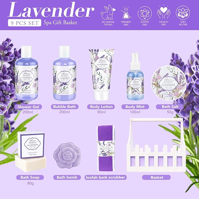 Lavender & Jasmine Scented Spa Gift Set for Women, Includes Body Lotion, Shower Gel, Salts, Bubble Bath, Body Mist, Soap, Bath Bombs-Velvo Beauty