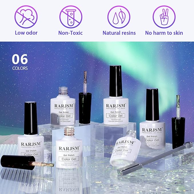 RARJSM Aurora Cat Eye Gel Nail Polish Set 6 Colors Velvet Silver Glitter Purple Pink Green Champagne Galaxy Star Cloud Ice Gel Polish with Magnet Stick UV LED Curing Requires Soak Off Home Salon-Velvo Beauty