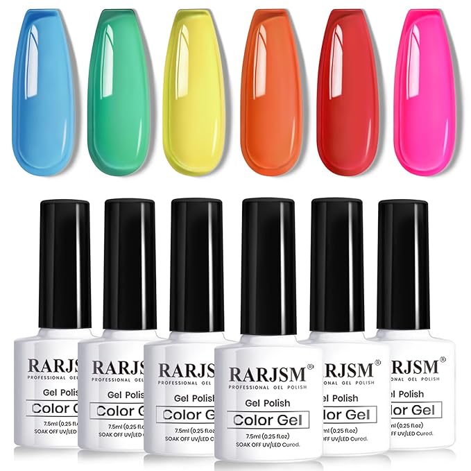 RARJSM Colorful Stained Glass Gel Nail Polish Set 6pcs Clear Crytal Blue Green Yellow Orange Red Neon Pink Series Transparent Sheer Amber Milky Gel Varnish LED UV Curing Requires French Manicure-Velvo Beauty