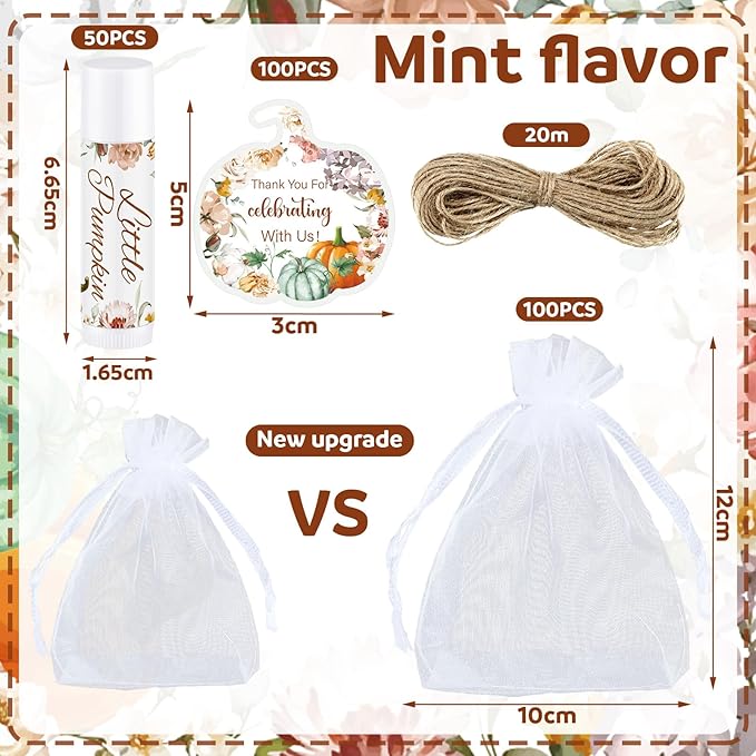 Demissle 50 Pcs Baby Shower Lip Balm Gift Set with 100 Pcs Organza Bags Baby Shower Party Favor for Guest Thank You Tag Rope Baby Shower Party Decoration Gender Reveal Souvenirs (Pumpkin and Flowers)-Velvo Beauty