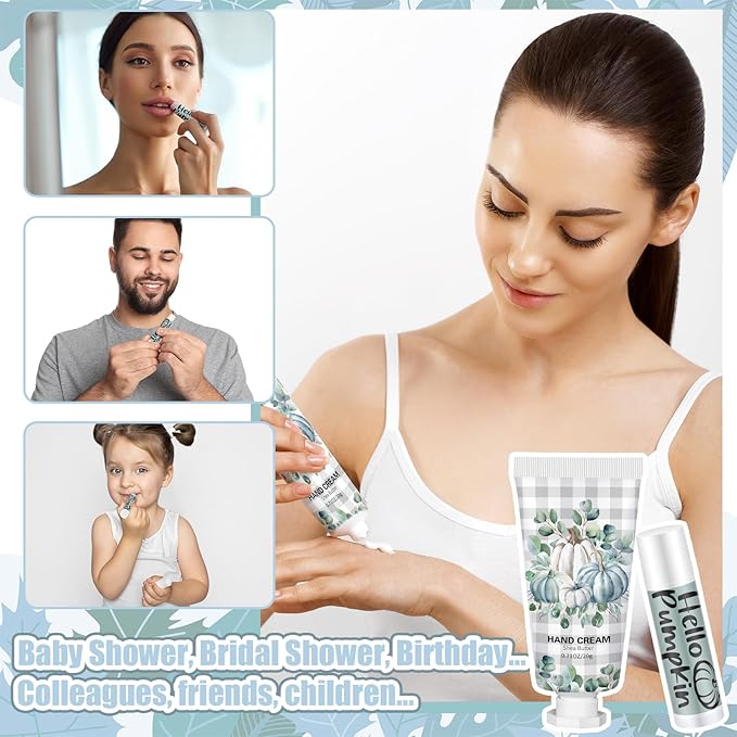 144 Pcs Fall Lip Balm Hand Cream Set Party Favors, Include 36 Blue Pumpkin Lip Balm 36 Moisturizing Hand Cream 36 Bags 36 Cards and Ropes for Autumn Accessories Gifts-Velvo Beauty