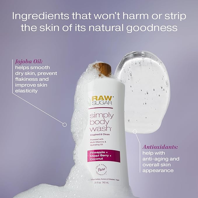 RAW SUGAR Simply Body Wash, (25 Fl Oz, Pack of 1) Bath Soap, Formulated without Sulfates & Parabens (Pineapple + Maqui Berry + Coconut)-Velvo Beauty