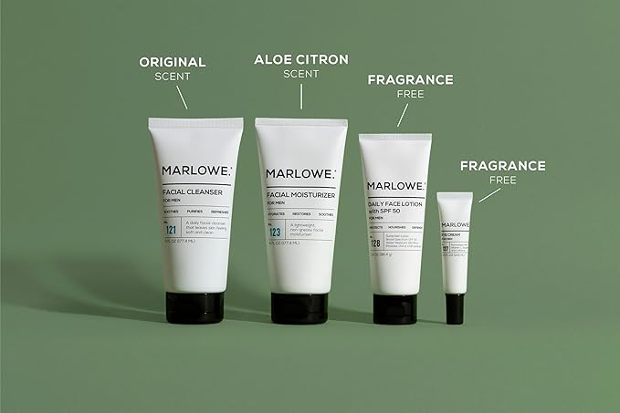 MARLOWE. Mens Skin Care Set, No. 204 Daily Essential Face Kit, No. 121 Facial Cleanser, No. 123 Facial Moisturizer, No. 127 Eye Cream, No. 128 Daily Face Lotion with SPF 50, Great Gift for Men-Velvo Beauty
