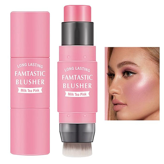 Cream Blush Stick with Brush,Waterproof Multi Cream Makeup Stick,Lightweight,Long-lasting,2 in 1 Multi Blush for Cheeks & Lip Tint & Eyeshadow Makeup(#01 Milk Tea Pink)-Velvo Beauty
