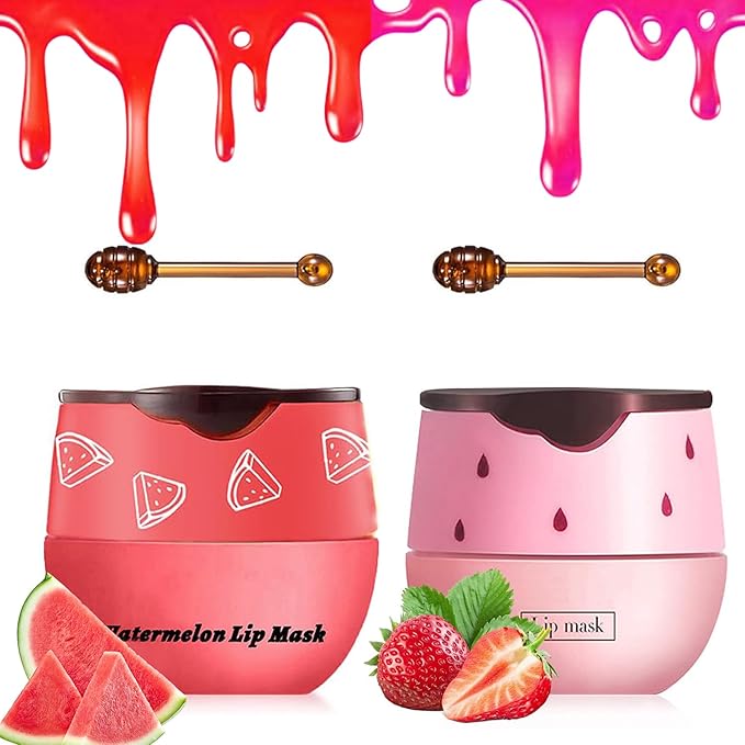 2 PCS Bee Lip Balm Honey Pot, Strawberry & Watermelon Lip Sleeping Masks Overnight, Hydrating Prevention Dry and Cracked Lip Scrubs Exfoliator Lip Care, Reduces Lip Lines-Velvo Beauty