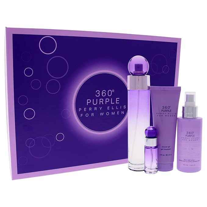 Perry Ellis 360 Purple Women 3.4oz EDP Spray, 7.5ml EDP Mini Spray, 4oz Body Mist, 3oz Shower Gel 4 Pc Gift Set-Velvo Beauty
