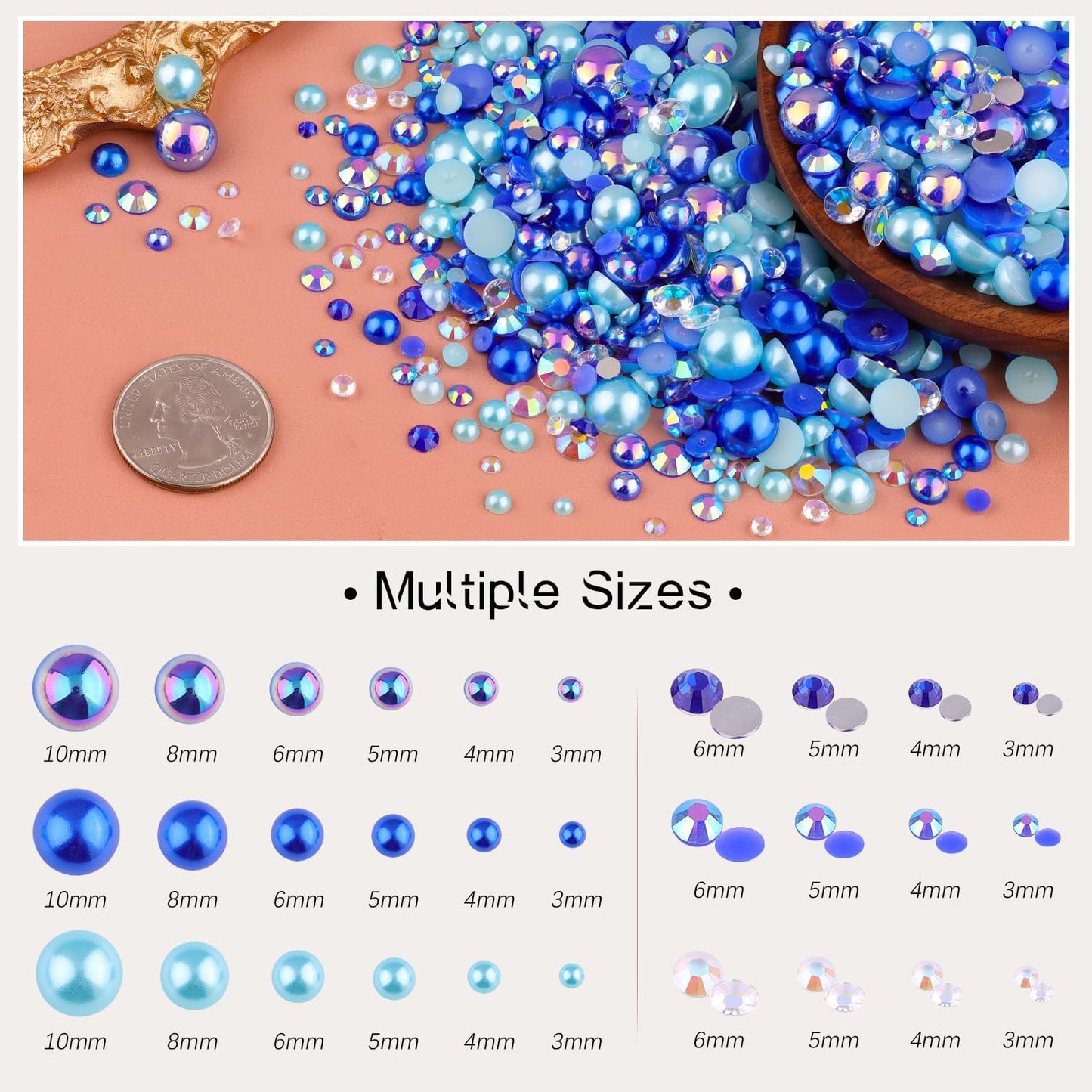 80g Flatback Pearls and Rhinestones for Crafting, Dark Blue 3-10mm Resin Rhinestones and Half Pearls for Bedazzling, Nail Art and Dec with 3pcs 10ml B7000 Jewelry Glue, Tweezer and Pickup Pencil-Velvo Beauty