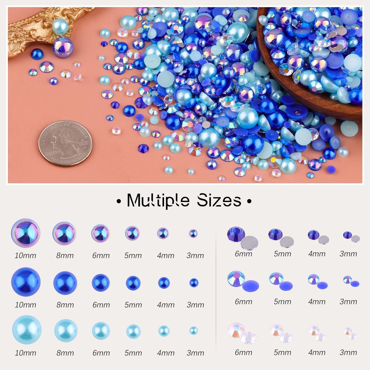 80g Flatback Pearls and Rhinestones for Crafting, Dark Blue 3-10mm Resin Rhinestones and Half Pearls for Bedazzling, Nail Art and Dec with 3pcs 10ml B7000 Jewelry Glue, Tweezer and Pickup Pencil-Velvo Beauty