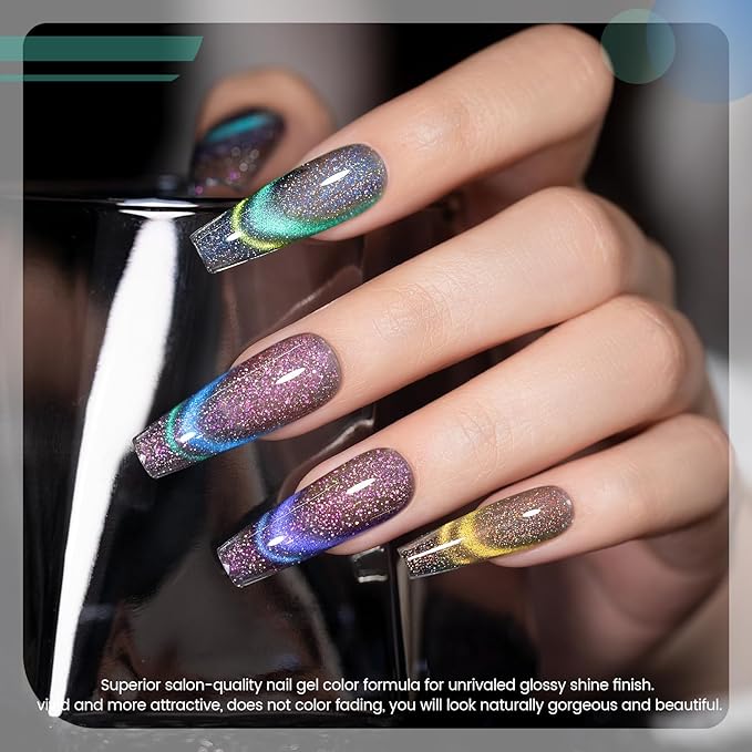 RARJSM 9D Chameleon Glass Cat Eye Gel Nail Polish Set 6Pcs Pink Purple Blue Green Yellow Multi Color Cateye Galaxy Shimmer Gradient Effect with Magnetic Stick UV LED Curing Require Home Salon-Velvo Beauty