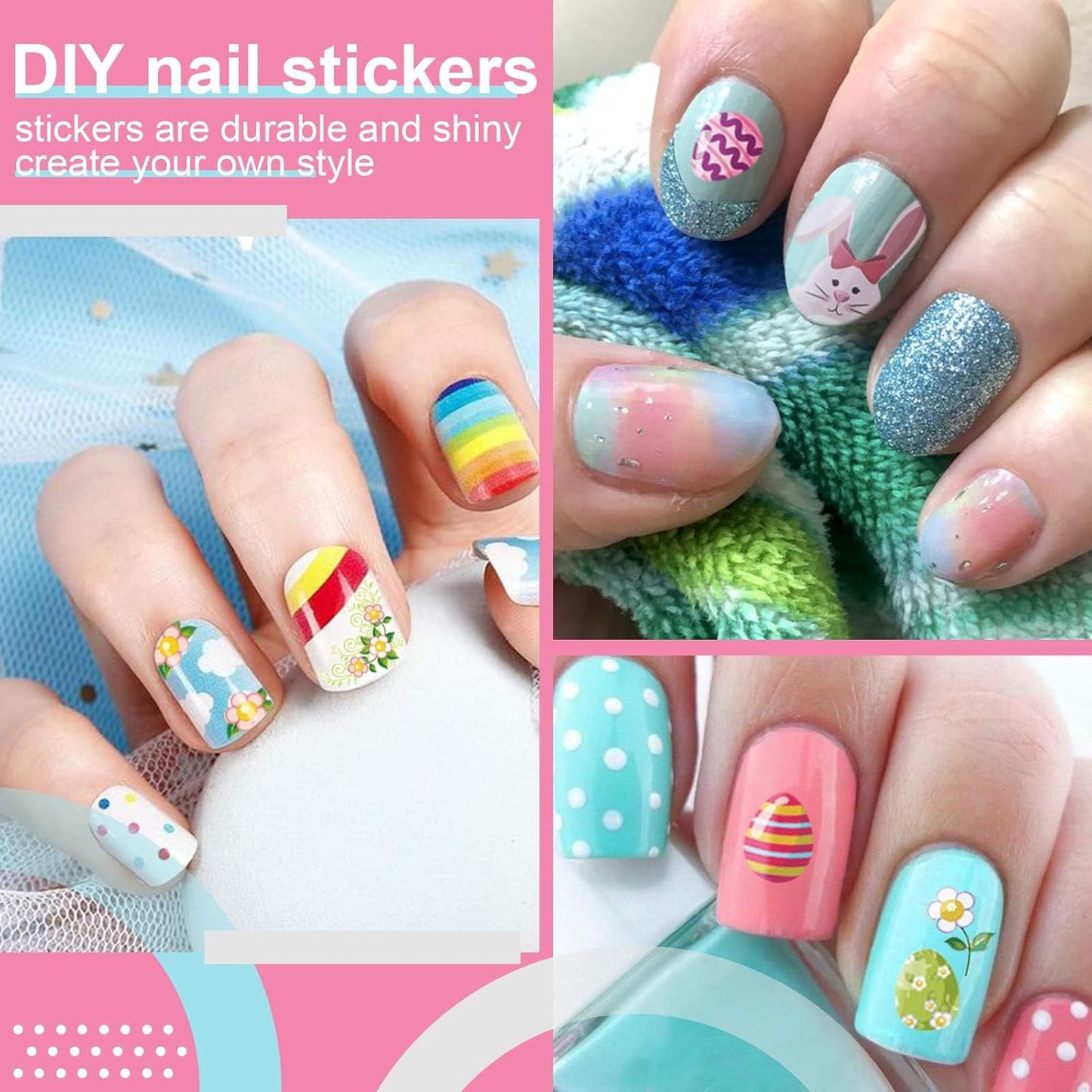 Kalolary 8 Sheet Easter Nail Art Stickers Self Adhesive Easter Nail Stickers DIY Nail Decals Bunny Eggs Chick Rabbits Flower Nail Design Sticker Nail Decoration for Women Girls Kids-Velvo Beauty