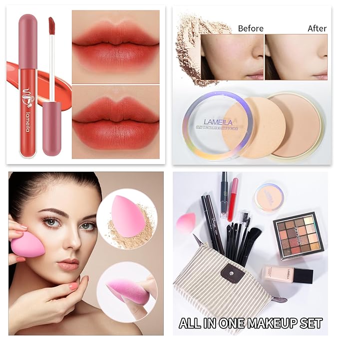 Makeup Set Full Kit for Girls Teens Women, Makeup Present Set, Includes Eyeshadow, Foundation, counter stick, Powder, Eyebrow Pencil, Eyeliner, Brushes, Lip Gloss, Sponge, Cosmetic Bag-Velvo Beauty