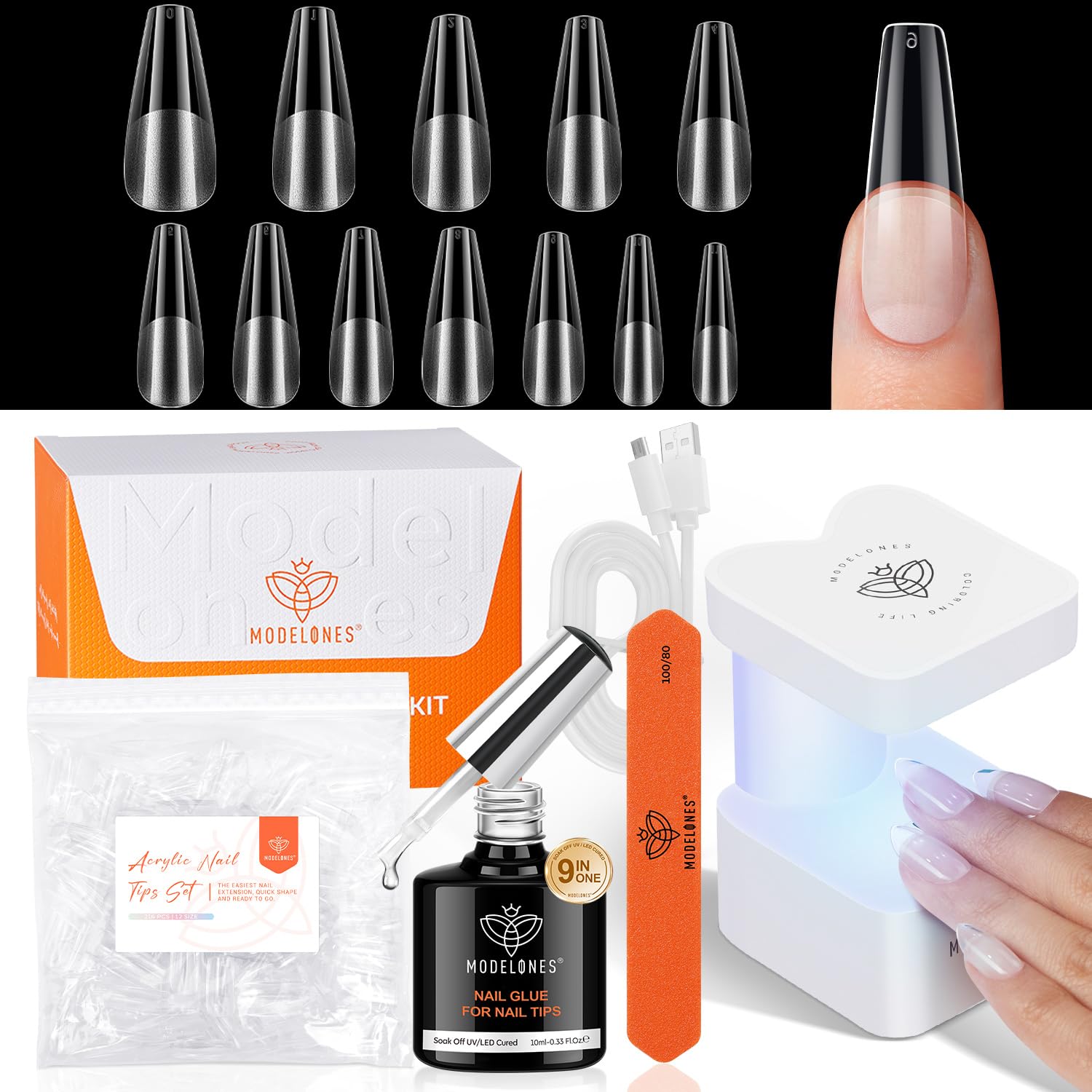 modelones Long Coffin Gel Nail Tips Kit, 9-in-One Nail Glue with Portable U V Lamp 216Pcs 12Sizes Pre-Etched Press ons Fake Acrylic Extension Kit DIY Salon Gift for Women-Velvo Beauty