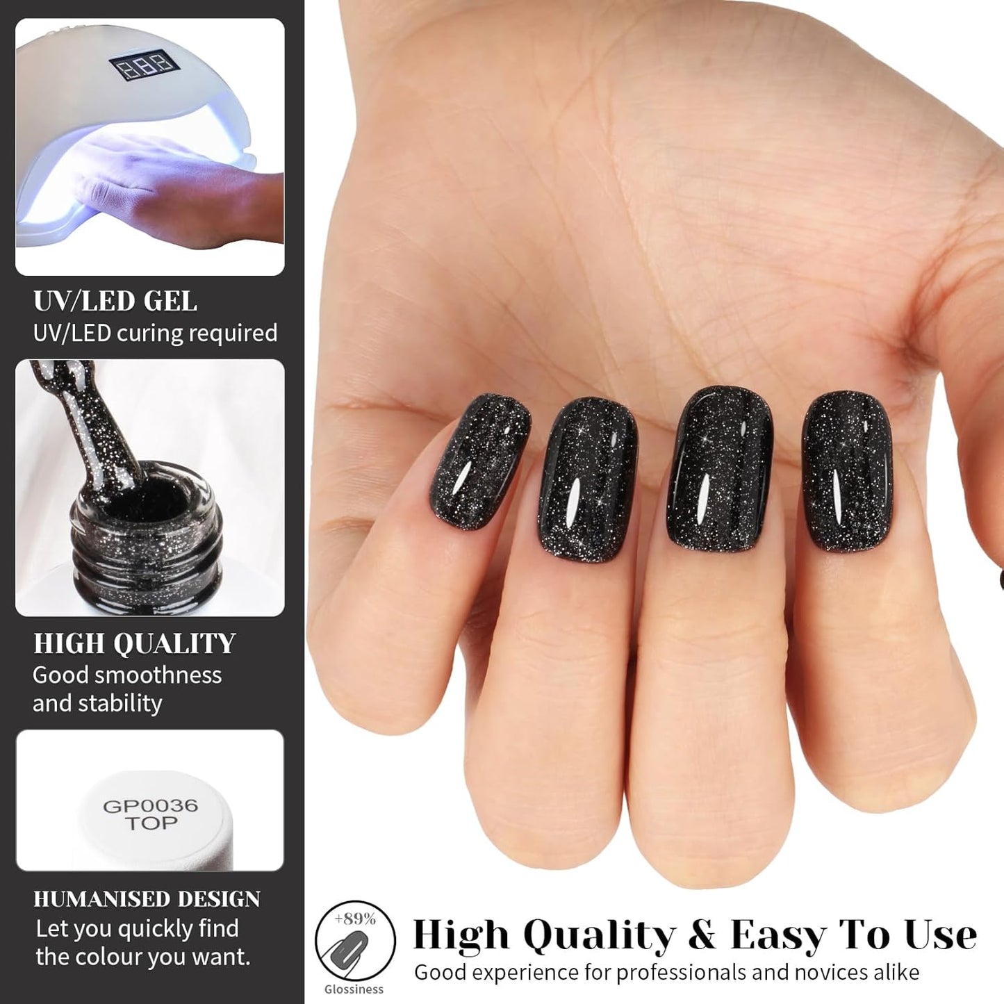 Glitter Black Gel Polish,Sparkle Shimmer Black Glitter Gel Nail Polish,15ml Soak Off UV Gel Polish for DIY Manicure, Gifts for Women Grils - GP0065-Velvo Beauty