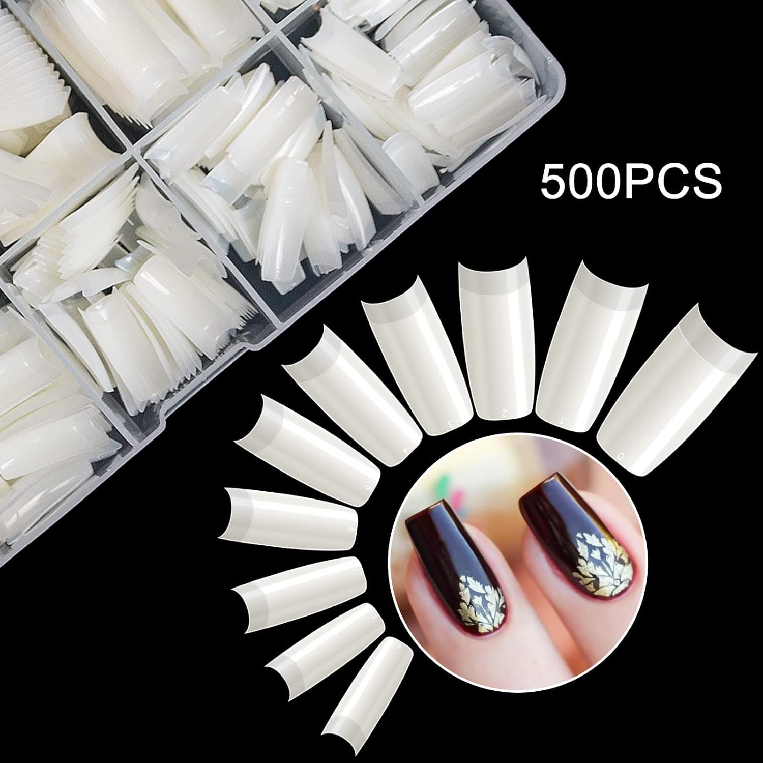 krofaue 500PCS Half Cover False Nails Tips - Acrylic Nail Tips 10 Sizes Lady French Style Acrylic Artificial Tip Manicure with Box for Nail Tips Art Salons and Home DIY-Velvo Beauty