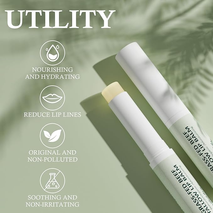 Tallow Lip Balm, Natural Lip Balm, Beef Tallow for Skin, Tallow Balm, All Natural Unscented 100% Grass Finished Beef Tallow Chapstick Organic Moisturizing Hydrates Dry Lips Moisturizer for Lip Care-Velvo Beauty